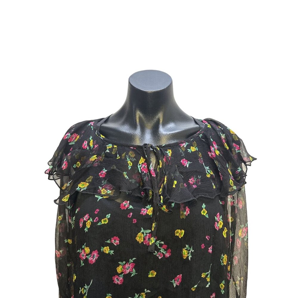 NWT Johnny Was Black Sheer Floral Ruffle Blouse w/Black Undershirt Size L - Picture 3 of 13